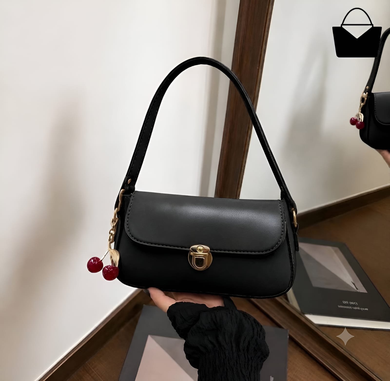 Elegant Ladies Handbag with Cherry Charm – Chic Shoulder Bag - Black - Image 3