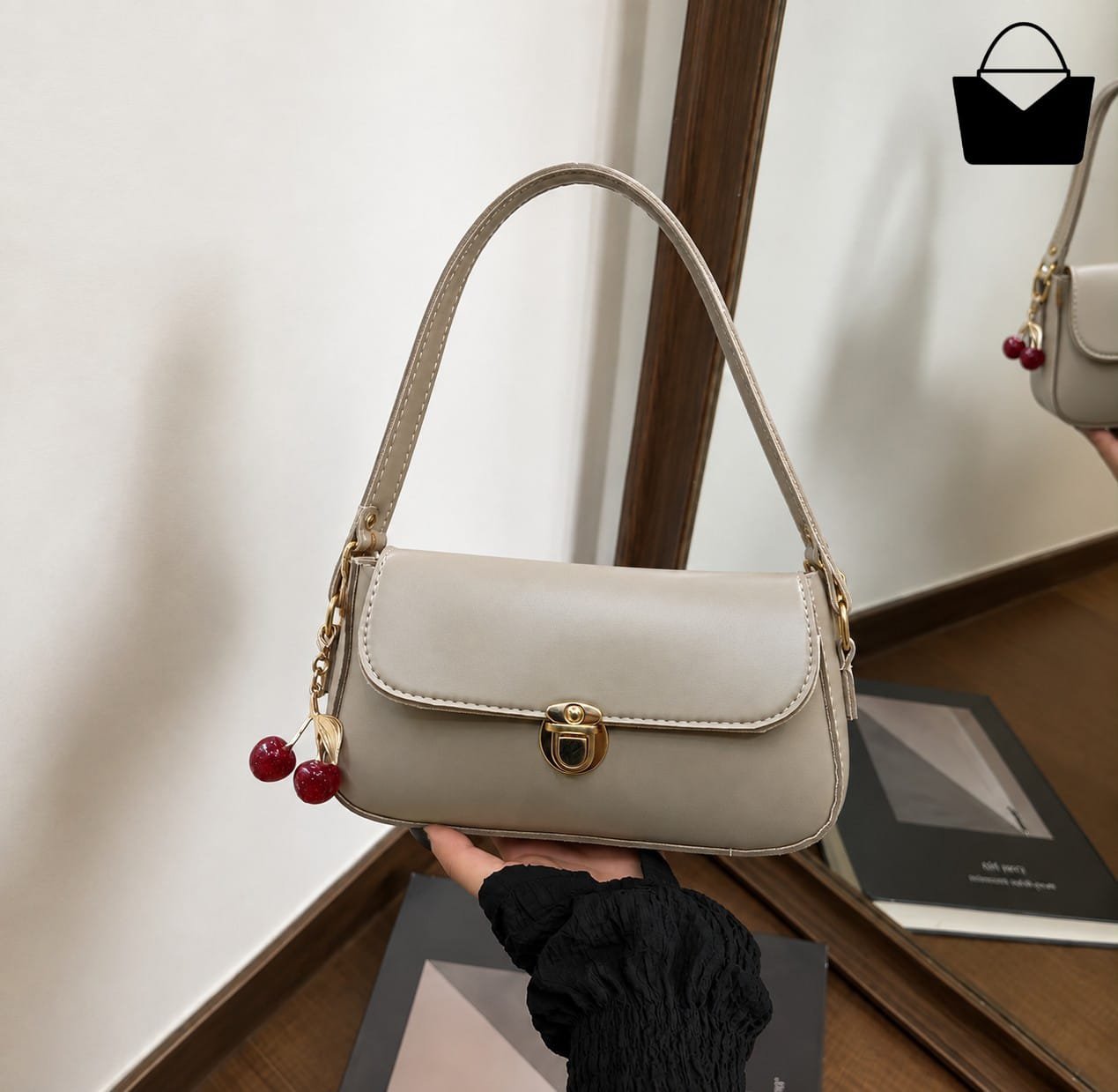 Elegant Ladies Handbag with Cherry Charm – Chic Shoulder Bag - Black - Image 2